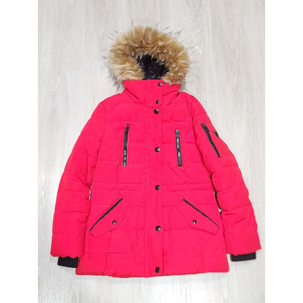 GUESS Puffer Parka Jacket Faux Fur Hood Red S/CH/XS Zip Pockets Winter Used - Picture 1 of 13